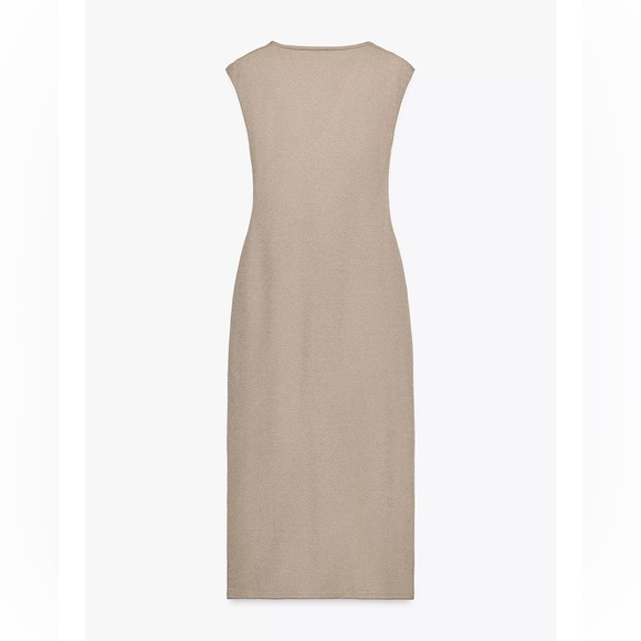 Zara NWT taupe beige tan wrap gold appliqué v neck midi dress - Picture 6 of 8